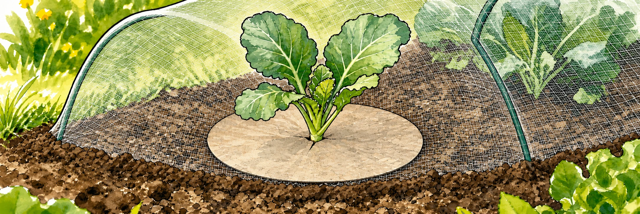 Illustration eines flach anliegenden Kohlkragens mit kleiner Stängelöffnung unter einem ringsum geschlossenen Kulturschutznetz
