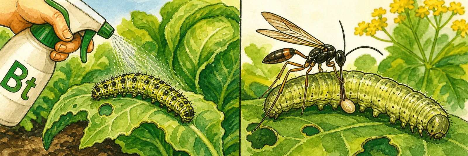 Schlupfwespe, die eine Kohlweißlingsraupe parasitiert, daneben eine Sprühflasche mit dem biologischen Präparat Bacillus thuringiensis