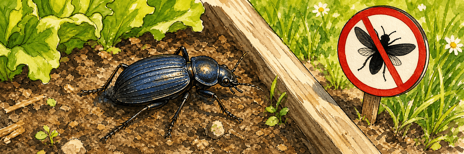 Laufkäfer mit verwachsenen Flügeldecken am Beetrand, durchgestrichenes Flug-Symbol zeigt die Flugunfähigkeit