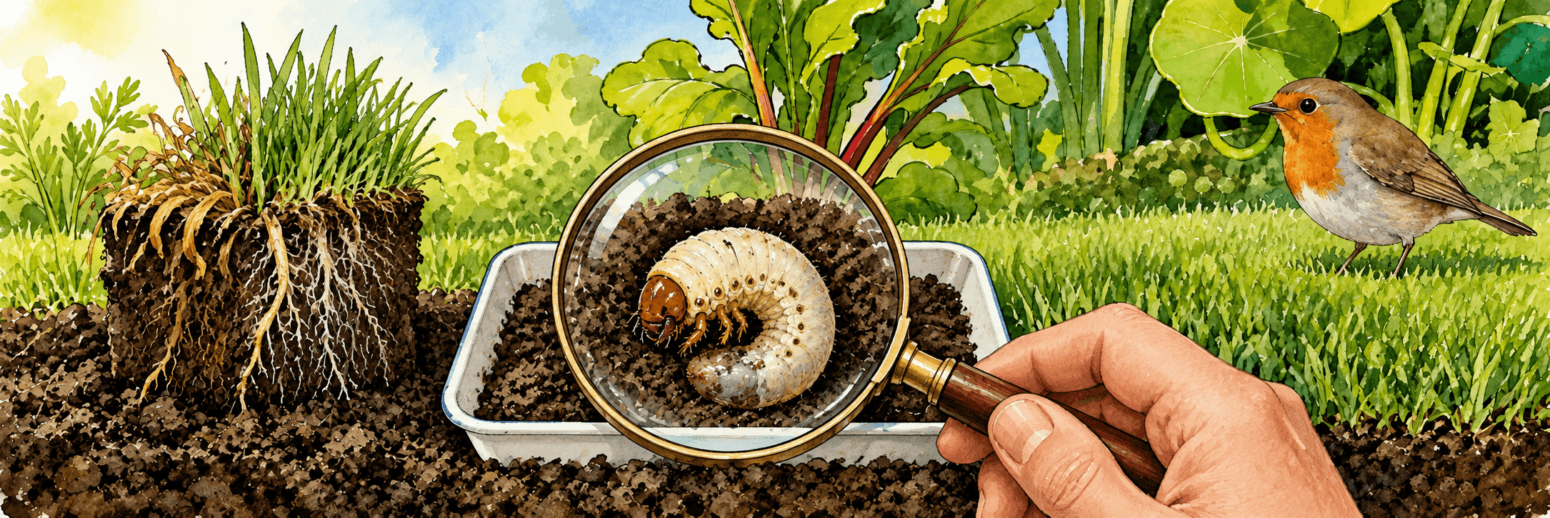 Illustration einer kleinen Bodenprobe mit Graswurzeln und eines Engerlings unter einer Lupe, daneben dichter Rasen und ein Vogel