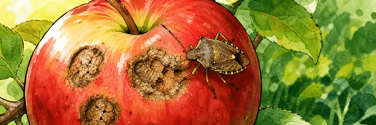 Apfel und Paprika mit eingesunkenen, verkorkten Saugstellen, daran saugt eine Wanze