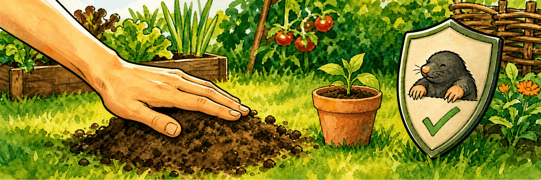 Hand verteilt lose Hügelerde im Garten, daneben eine Jungpflanze und ein Schutzsymbol für den Maulwurf