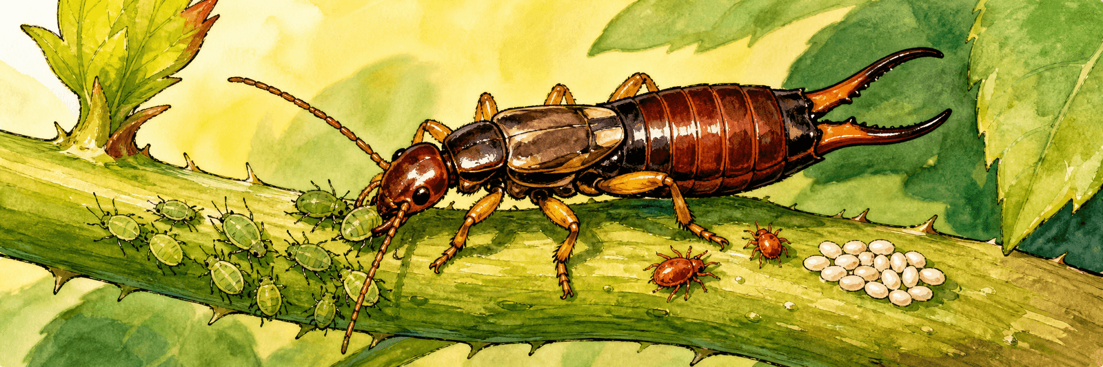Illustration eines Ohrwurms an einer Blattlauskolonie, daneben schematisch Milben und Insekteneier