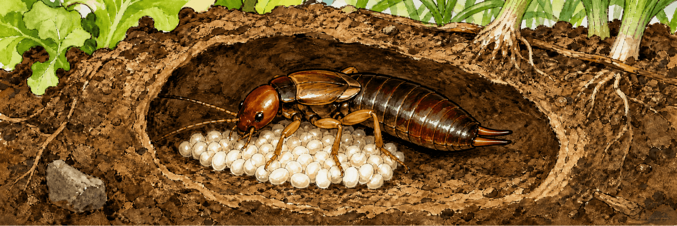 Illustration eines Ohrwurm-Weibchens mit schlanken, nahezu geraden Zangen bei seinem Gelege in einer Erdkammer