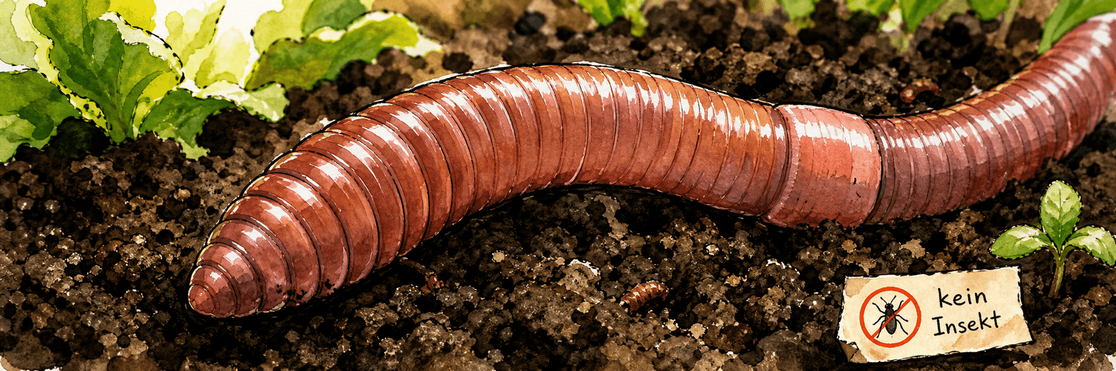 Regenwurm in Nahaufnahme mit deutlichen Segmentringen und Hinweis, dass er kein Insekt, sondern ein Ringelwurm ist