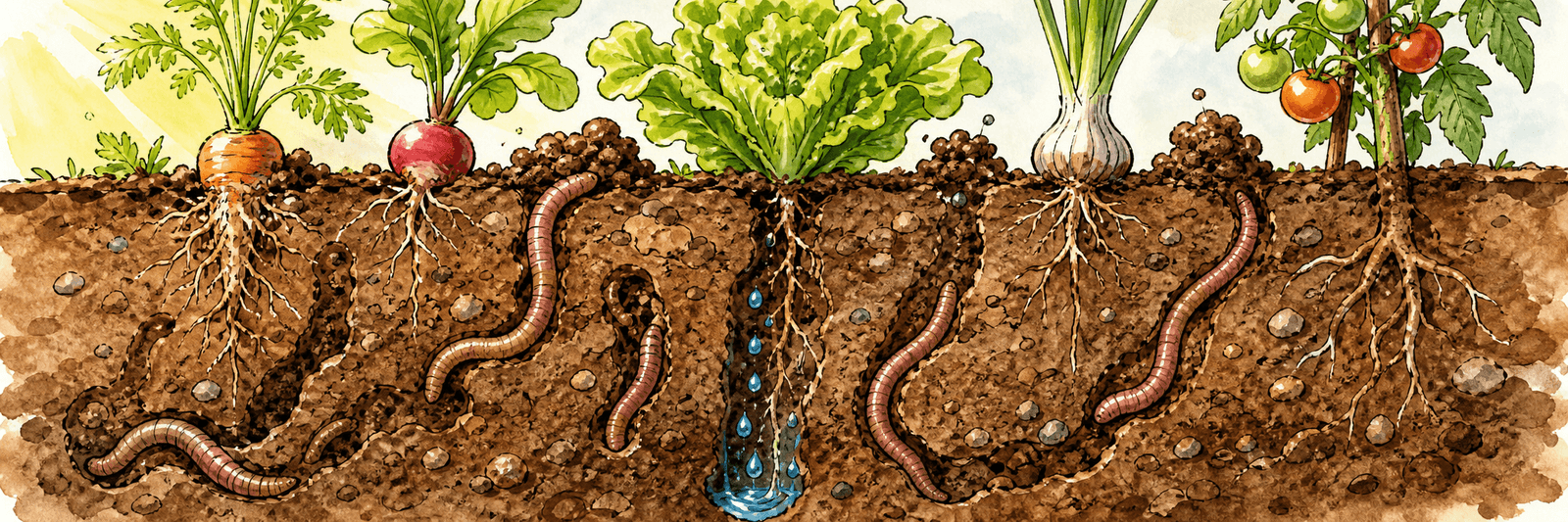 Bodenquerschnitt mit Wurmgängen, die den Boden belüften und entwässern, sowie Wurmhäufchen als natürlichem Dünger