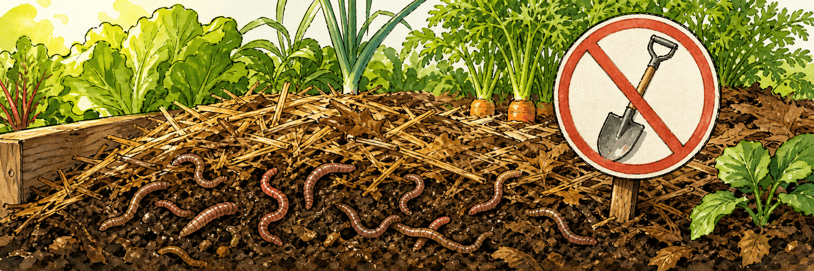 Gemulchtes, ungegrabenes Beet voller aktiver Regenwürmer mit durchgestrichenem Spaten als Zeichen für No-Dig