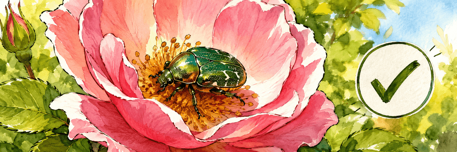 Rosenkäfer sitzt in einer offenen Rose, dazu ein Häkchen als Zeichen für harmlos