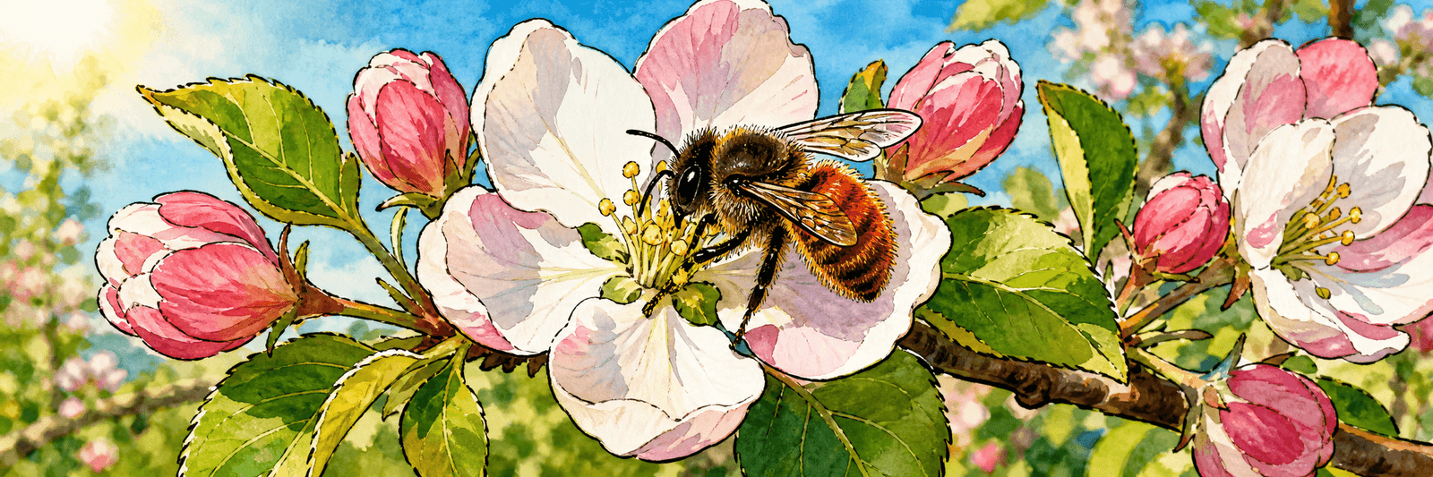 Rote Mauerbiene bestäubt eine Apfelblüte im Frühling, weitere Blüten ringsum