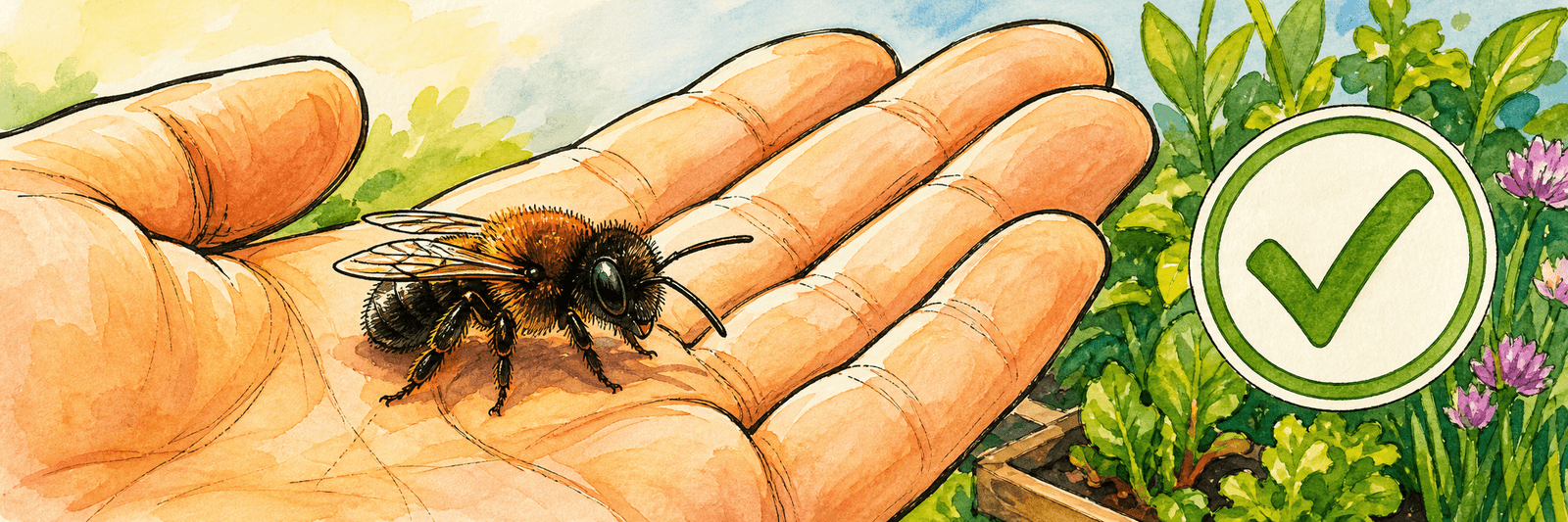 Mauerbiene krabbelt ruhig über eine Handfläche, daneben ein beruhigendes Häkchen-Symbol