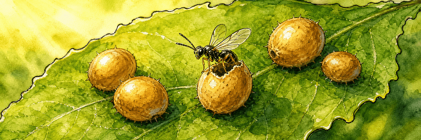 Blatt mit mehreren aufgeblähten goldbraunen Blattlausmumien, aus einer schlüpft eine kleine Wespe