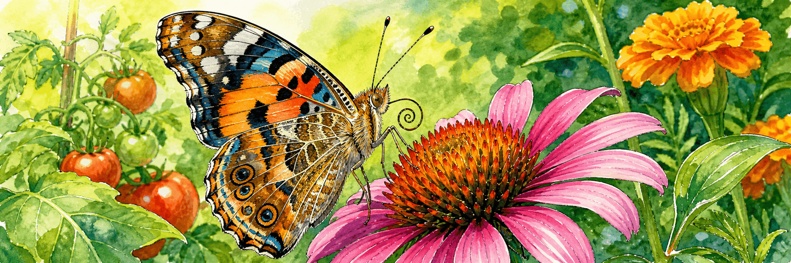 Bunter Schmetterling mit eingerolltem Saugrüssel an einer Blüte, beschuppte Flügel im Detail