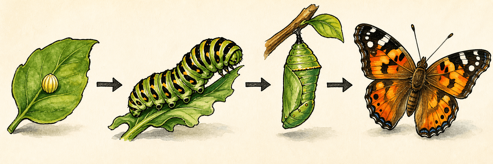 Vier-Stufen-Reihe der Metamorphose mit Pfeilen: Ei, Raupe, Puppe und fertiger Falter