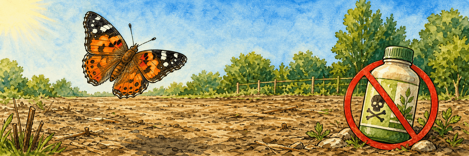 Schmetterling über einer kahlen, ausgeräumten Fläche, daneben eine durchgestrichene Pestizidflasche