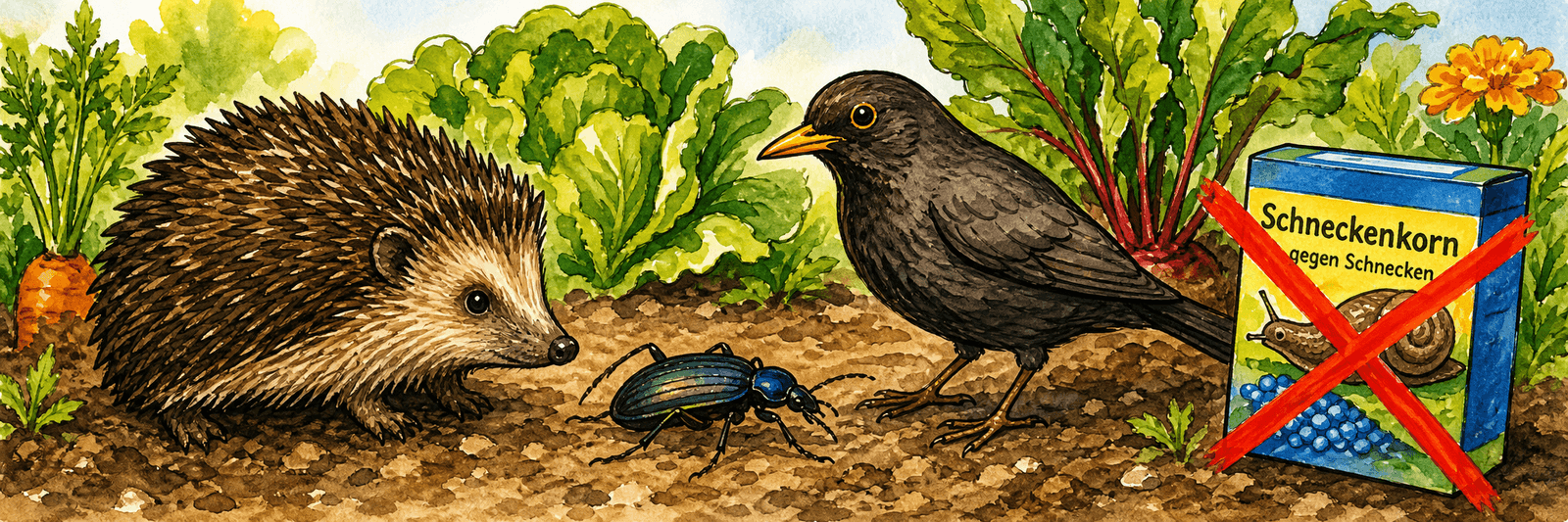 Gegenspieler wie Igel, Laufkäfer und Vogel gegenüber einer durchgestrichenen Schneckenkorn-Packung
