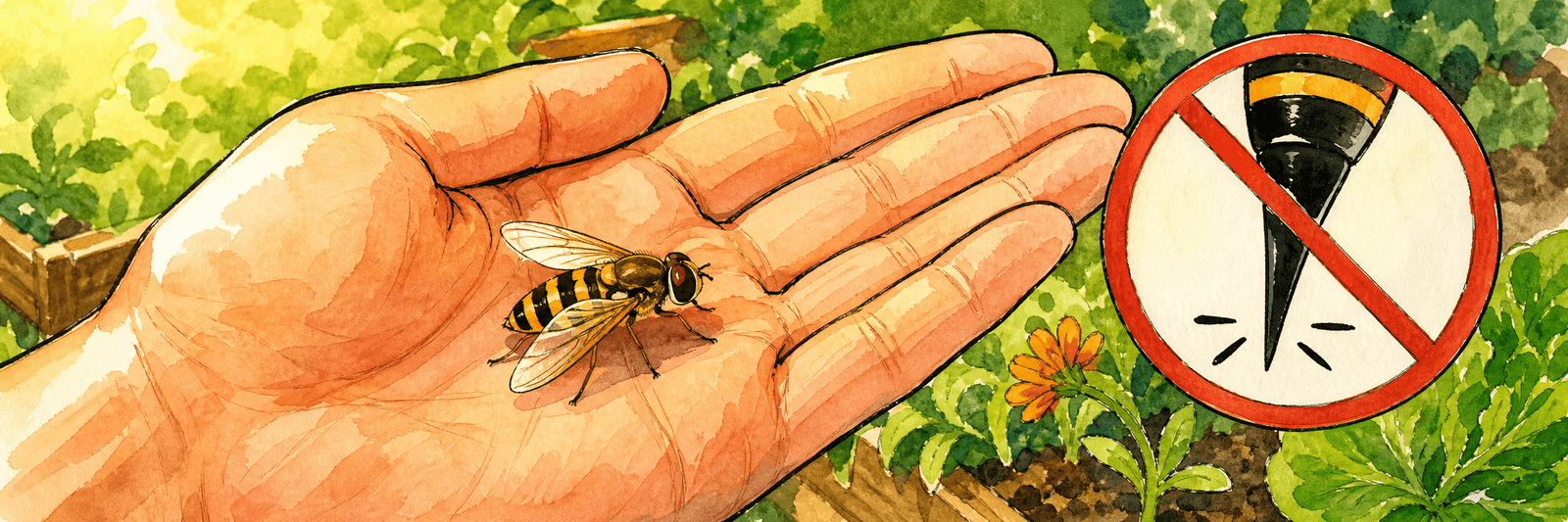 Schwebfliege sitzt auf einer offenen Handfläche, daneben ein durchgestrichenes Stachel-Symbol als Hinweis auf ihre Harmlosigkeit