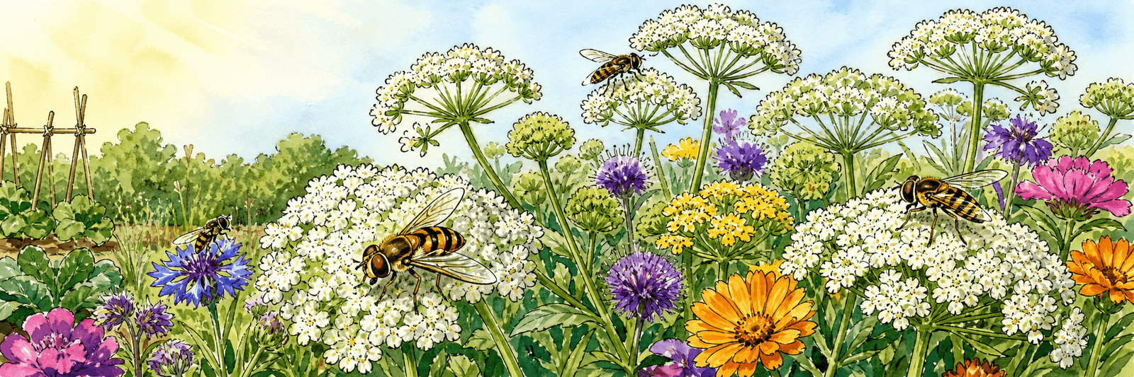 Blühstreifen mit blühenden Doldenblütlern und bunten Blumen, mehrere Schwebfliegen besuchen die Blüten