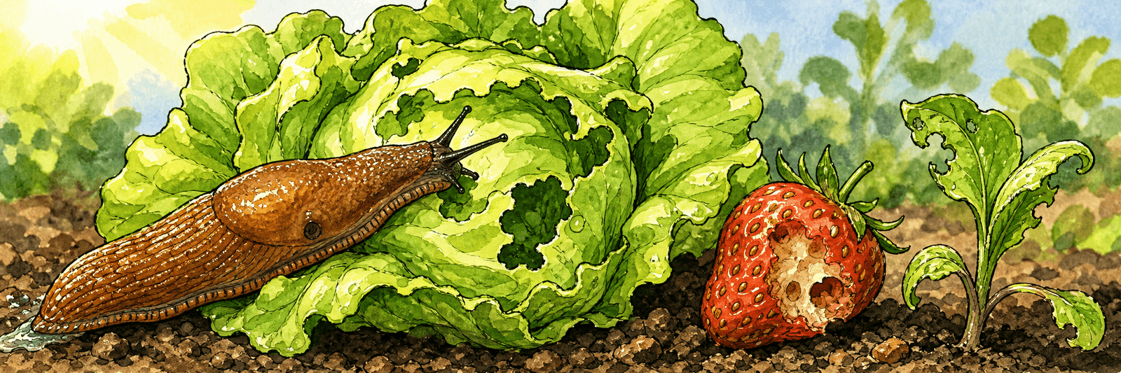 Wegschnecke frisst Löcher in einen Salatkopf, daneben angefressene Erdbeere und Keimling