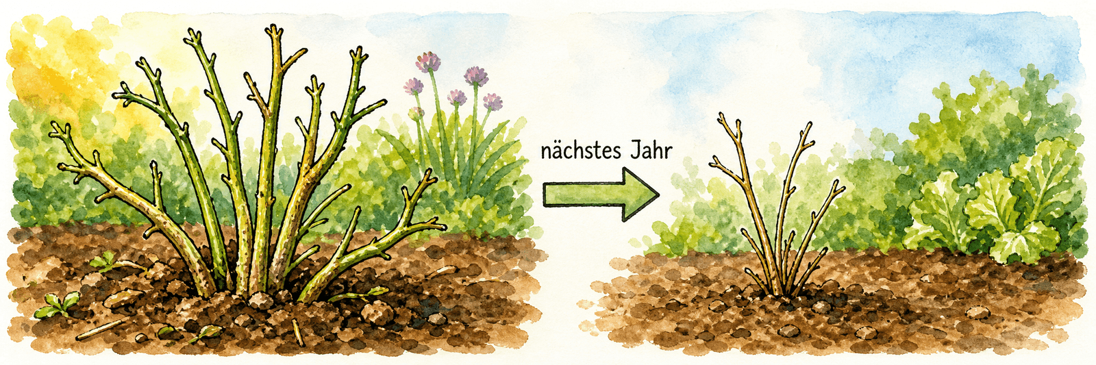 Kahlgefressenes Spargelkraut, ein Pfeil deutet auf die im Folgejahr geschwächte Pflanze