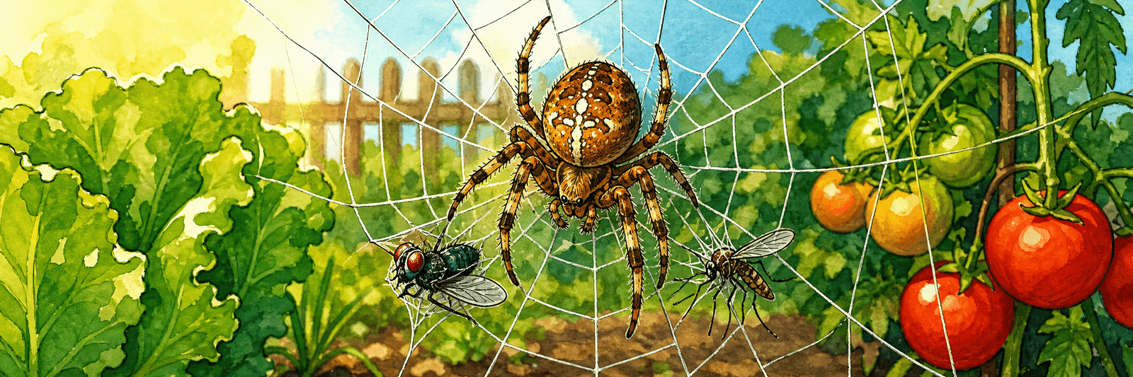 Spinne in ihrem Radnetz mit gefangener Fliege und Mücke