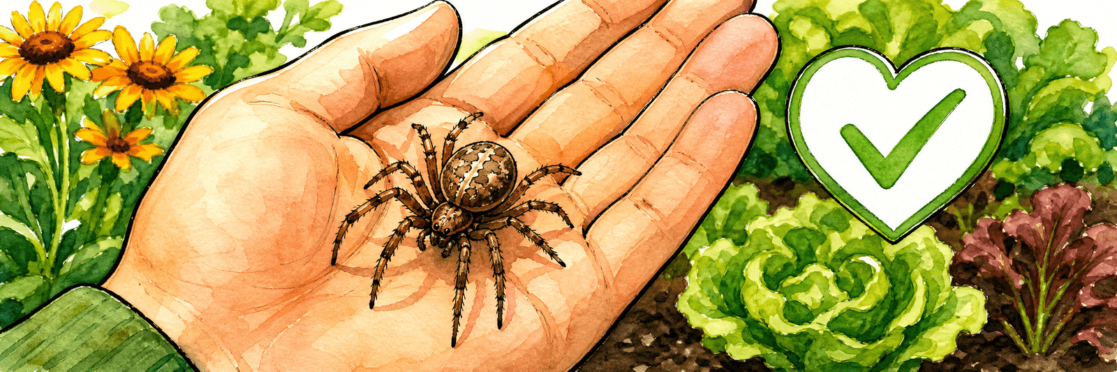 Harmlose Gartenspinne auf einer Handfläche mit beruhigendem Häkchen-Symbol