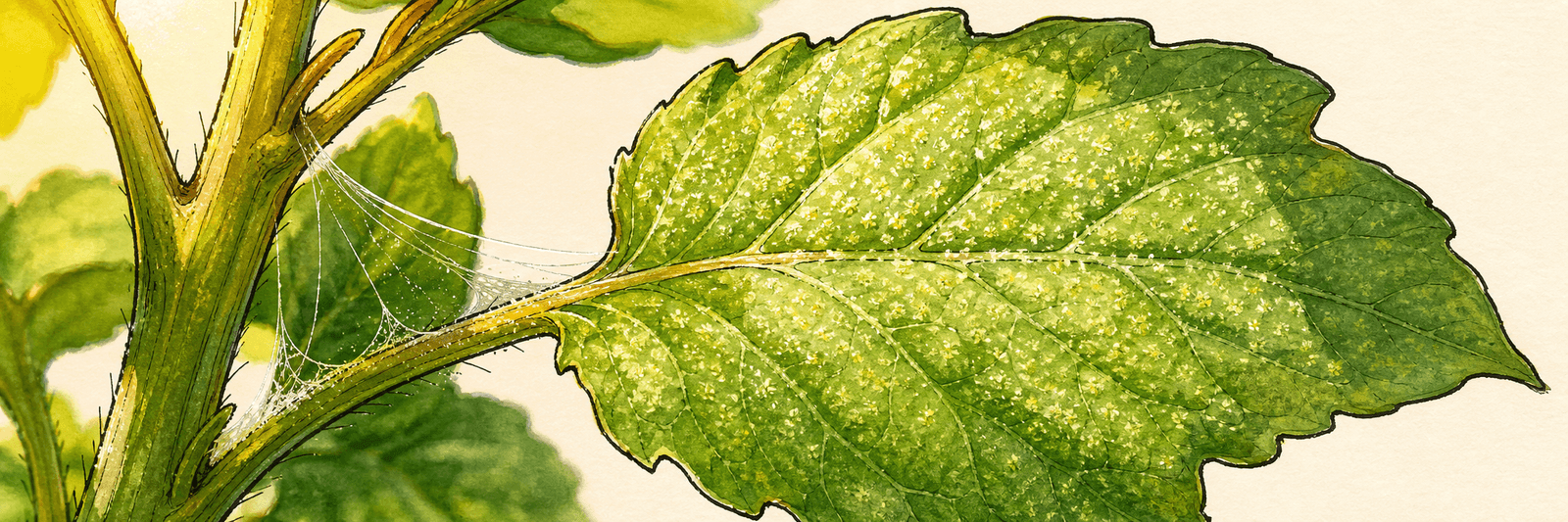 Blatt mit feinen hellen Saugpunkten und zarten Gespinsten zwischen den Blattachseln