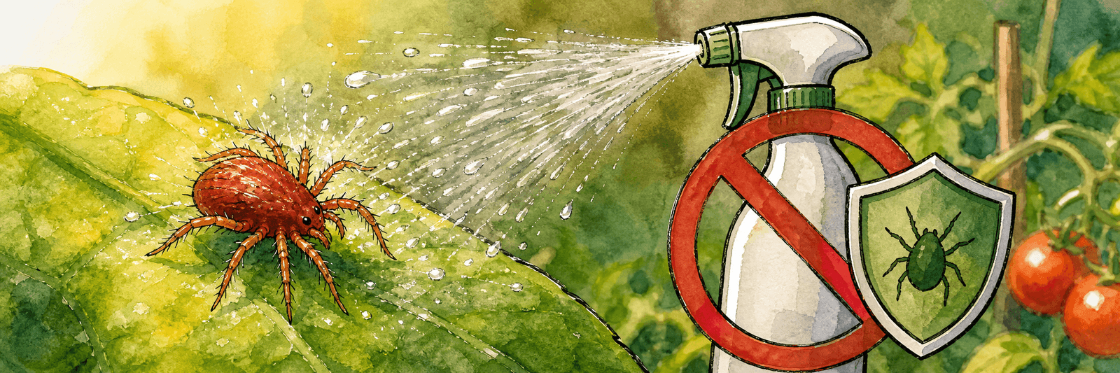 Spinnmilbe überlebt einen Sprühstoß neben einer durchgestrichenen Spritzflasche mit Resistenz-Schild