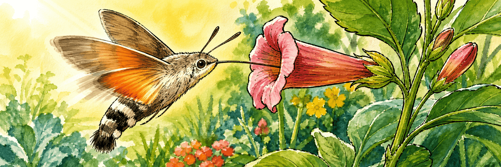 Taubenschwänzchen im Schwirrflug mit unscharfen Flügeln vor einer Röhrenblüte, kolibriartig auf der Stelle schwebend