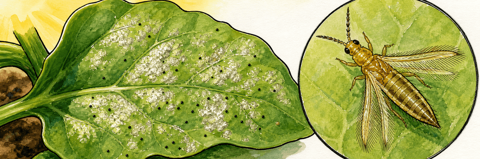 Blatt mit silbrigen Saugsprenkeln und winzigen schwarzen Kotpünktchen, daneben ein stark vergrößerter Thrips mit Fransenflügeln