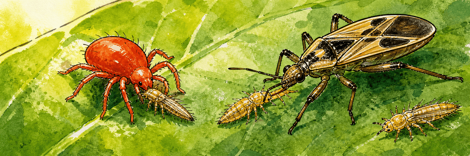 Eine Raubmilbe und eine Raubwanze greifen auf einem Blatt Thripse an