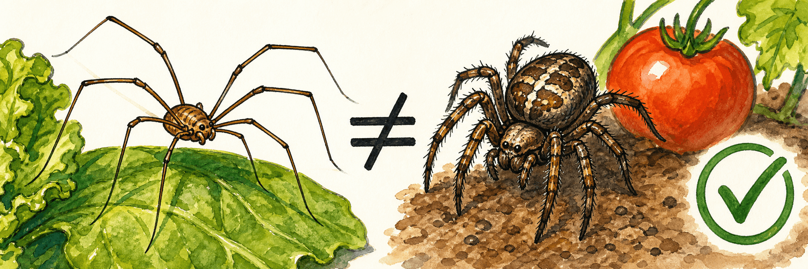 Weberknecht neben einer echten Spinne im Vergleich, mit Ungleich-Zeichen und beruhigendem Häkchen