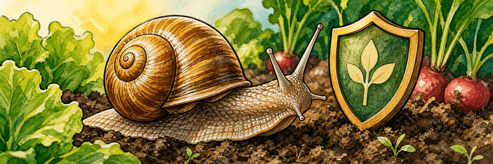 Große Weinbergschnecke mit gewundenem Kalkgehäuse und Schutzschild-Symbol
