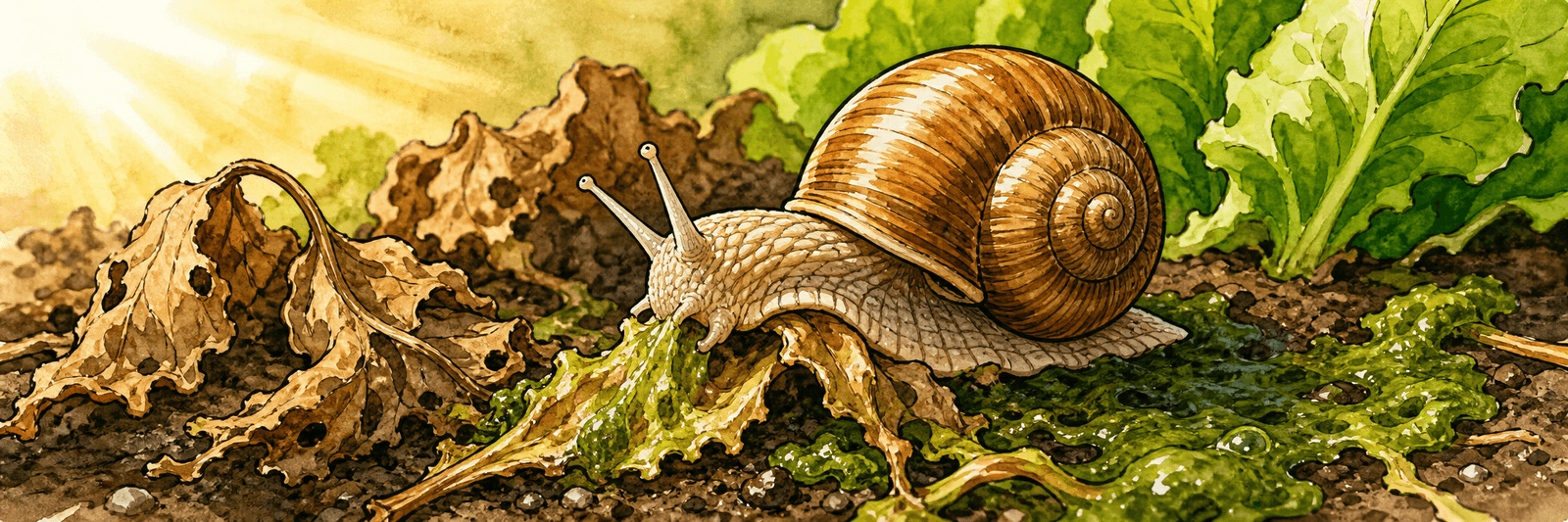 Weinbergschnecke frisst welke Blätter und Algen statt frischer Pflanzen