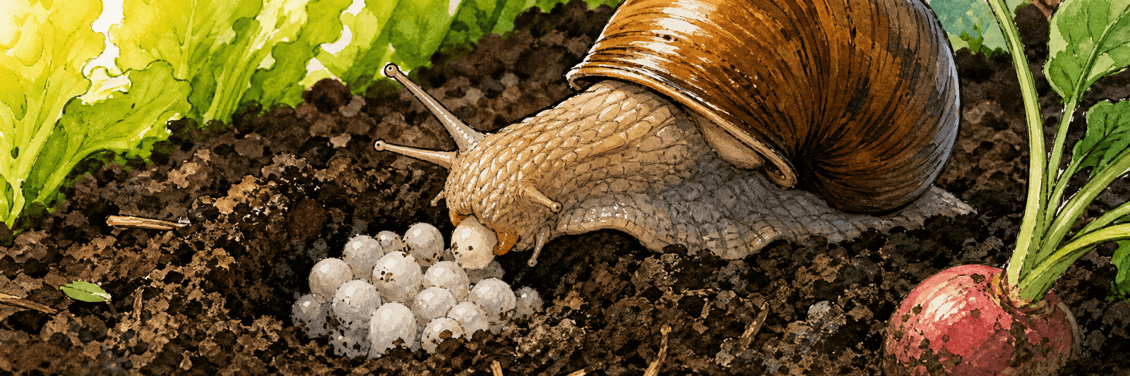 Weinbergschnecke frisst ein Gelege weißer Nacktschnecken-Eier im Boden