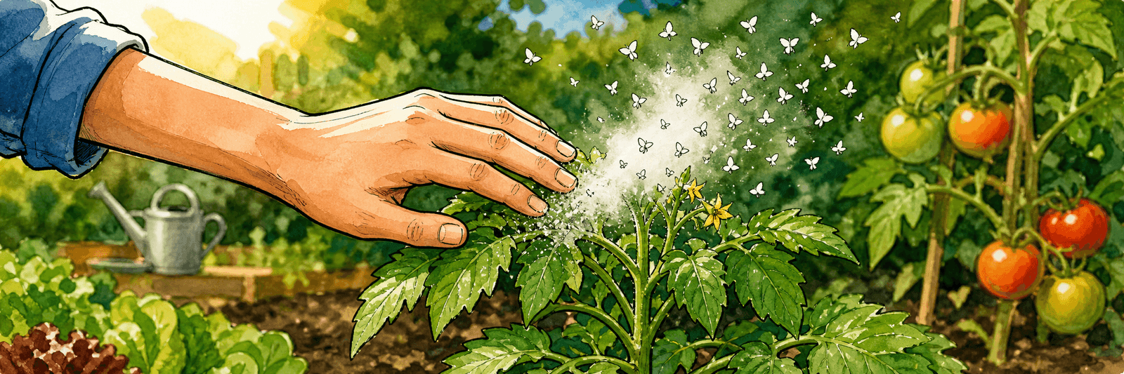 Eine Hand berührt eine Pflanze, eine kleine Wolke winziger weißer Fliegen stiebt auf