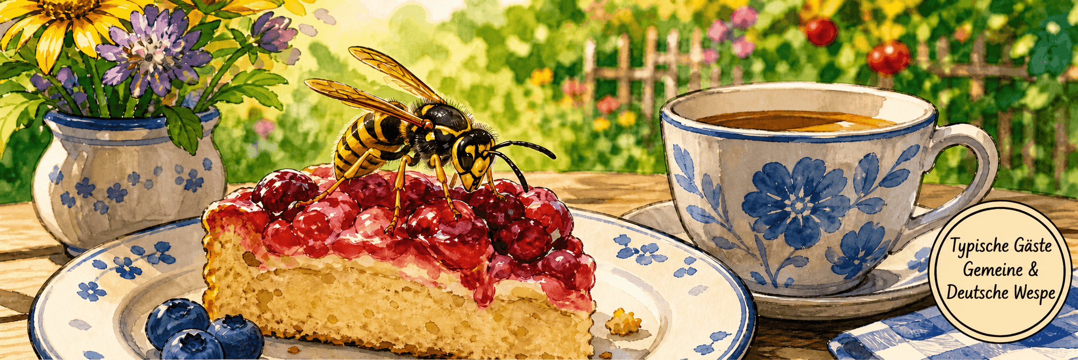 Wespe auf einem Obstkuchen; Gemeine und Deutsche Wespe sind typische Gäste am Esstisch