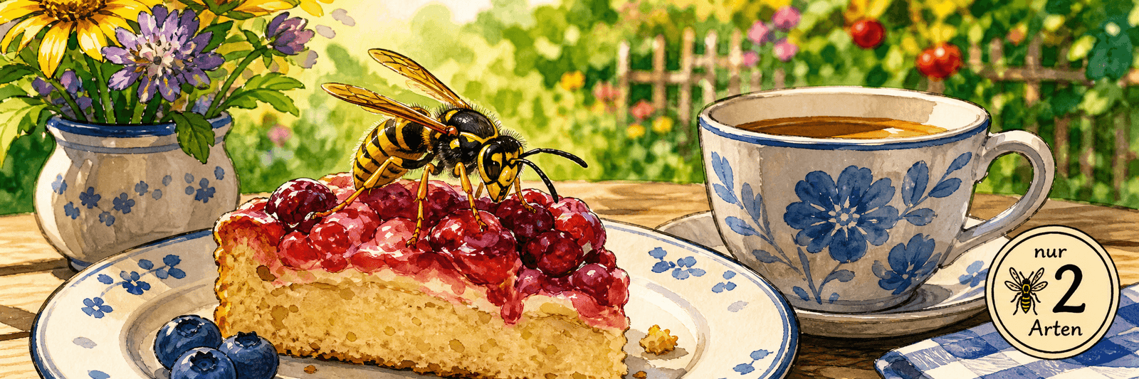 Wespe am spätsommerlichen Kaffeetisch mit Kuchen, Marke „nur 2 Arten“