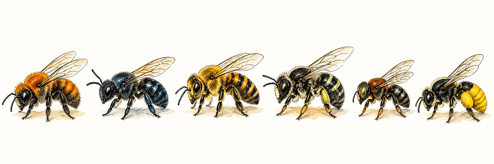 Mehrere verschiedene Wildbienen-Arten in unterschiedlichen Formen, Größen und Farben nebeneinander, jede solitär