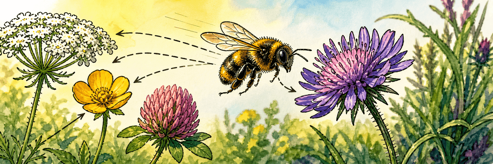 Eine Wildbiene fliegt gezielt zu einer bestimmten Wildblüte, andere Blütenformen bleiben abgewandt