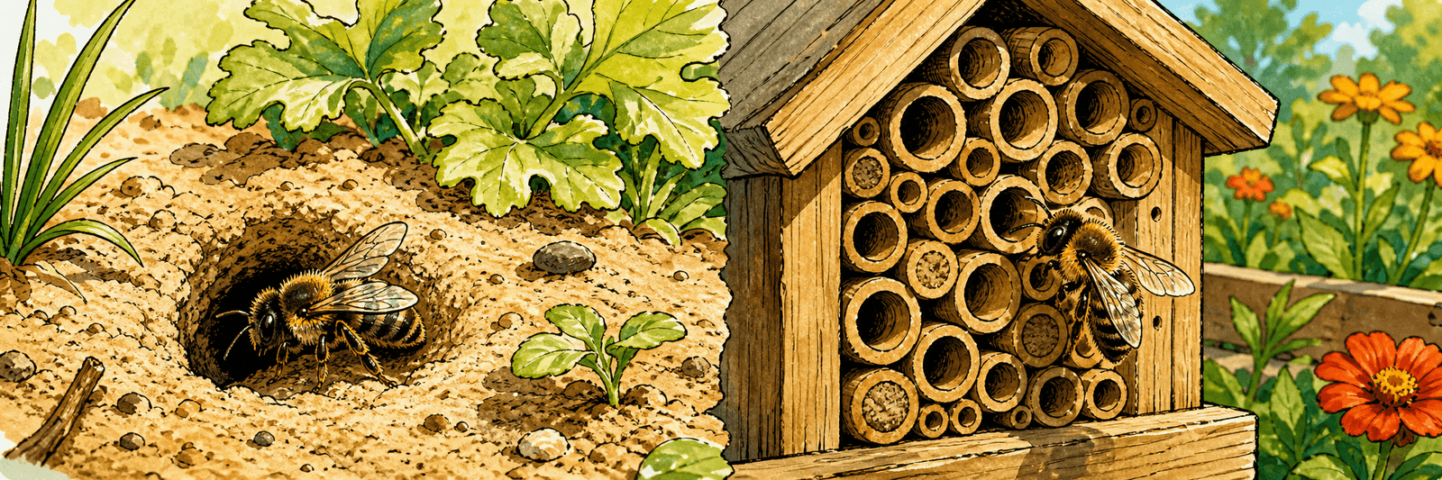 Zweigeteilte Darstellung: eine Wildbiene am Nistloch im Sandboden, eine andere an einem Insektenhotel mit Niströhren