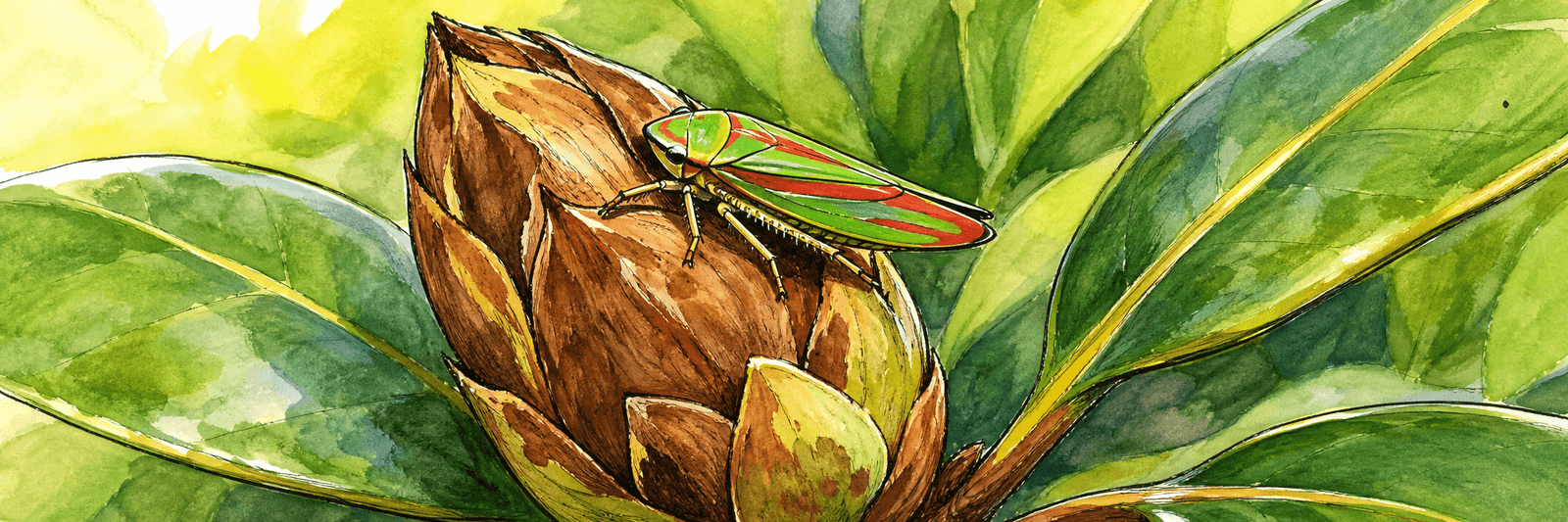 Grün-rote Rhododendronzikade auf einer braun verfärbten Knospe