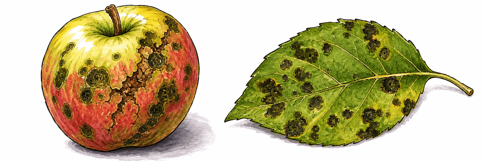 Apfelblatt mit olivgrün- bis schwarzen Schorfflecken und Apfel mit korkig-rissiger Fruchtschale