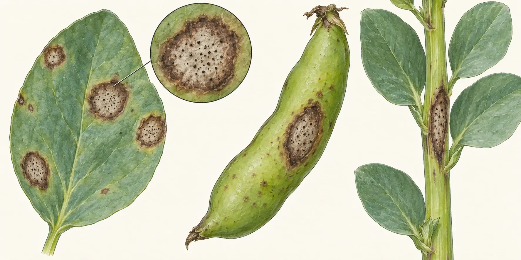 Schematische Illustration eines Dicken-Bohnen-Blatts mit hellen, dunkel umrandeten Flecken und schwarzen Pyknidien sowie einer Hülse und eines Stängels mit Läsionen