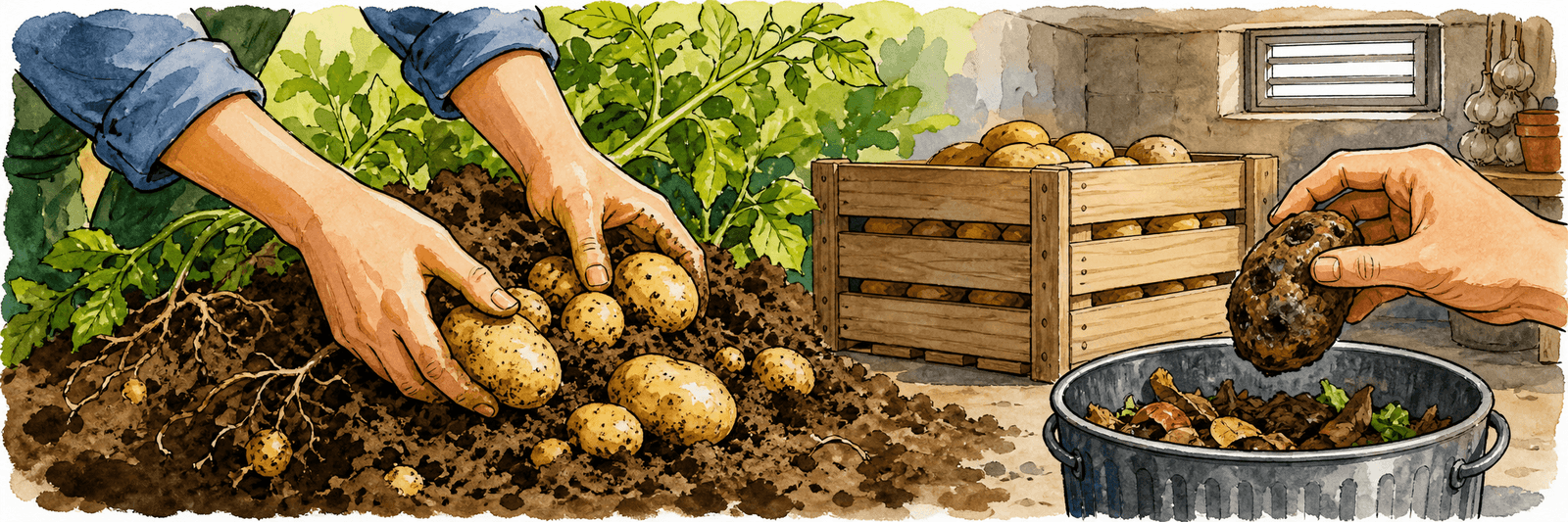 Hände ernten vorsichtig eine Knolle, daneben eine luftige kühle Lagerkiste, eine faule Knolle wird aussortiert