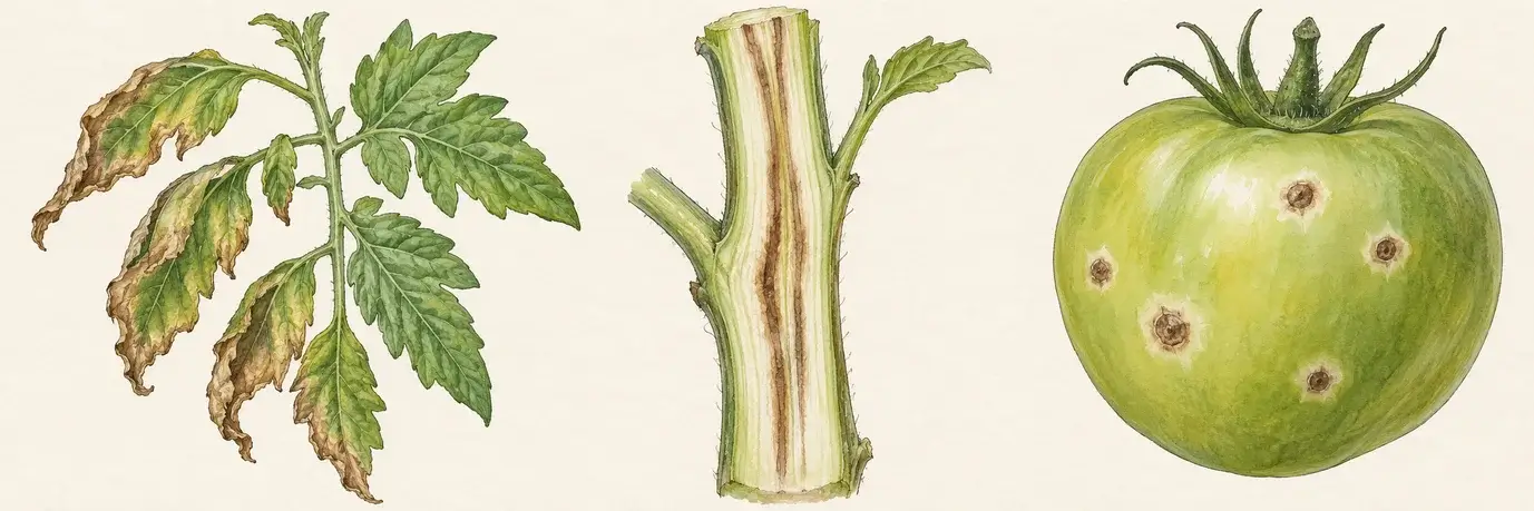 Schematische Illustration: Tomatenblatt mit einseitiger Welke und braunen Rändern, längs geöffneter Stängel mit braunen Leitungsbahnen und grüne Tomate mit Vogelaugenflecken