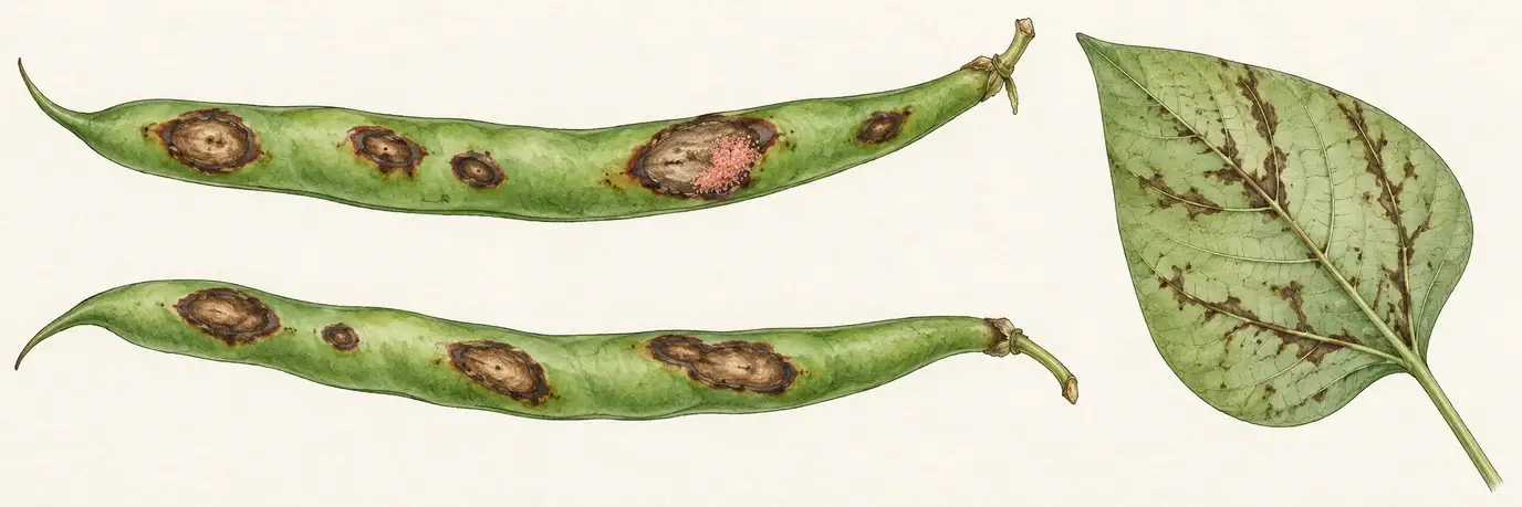 Schematische Illustration von Bohnenhülsen mit dunklen eingesunkenen Flecken und einer Blattunterseite mit verfärbten Blattadern