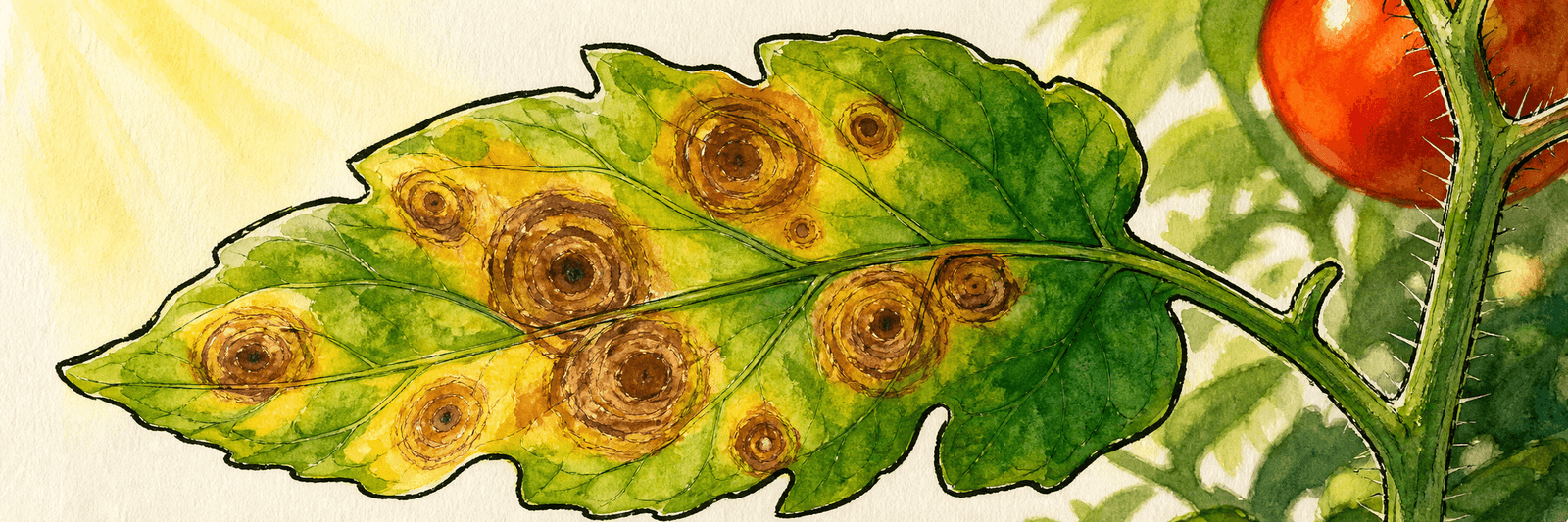 Tomatenblatt mit braunen Flecken in konzentrischen Ringen im Zielscheiben-Muster, Nahaufnahme