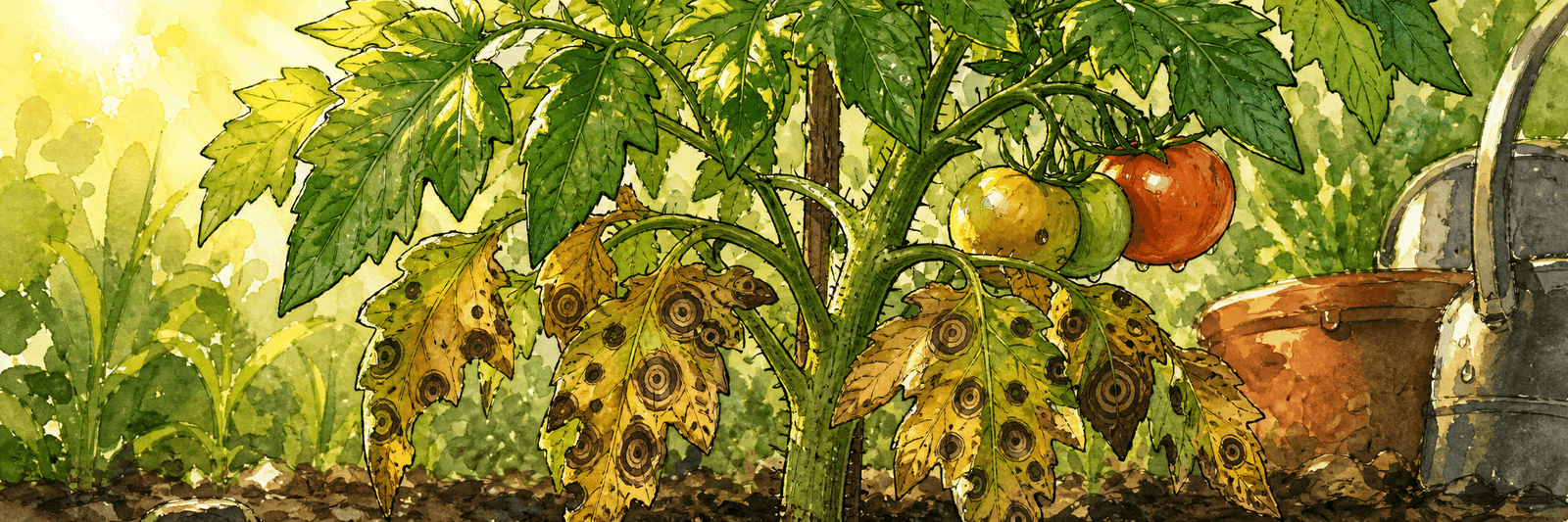 Tomatenpflanze mit befallenen Zielscheiben-Flecken am unteren, älteren Laub, oben gesund, bei warm-schwüler Stimmung