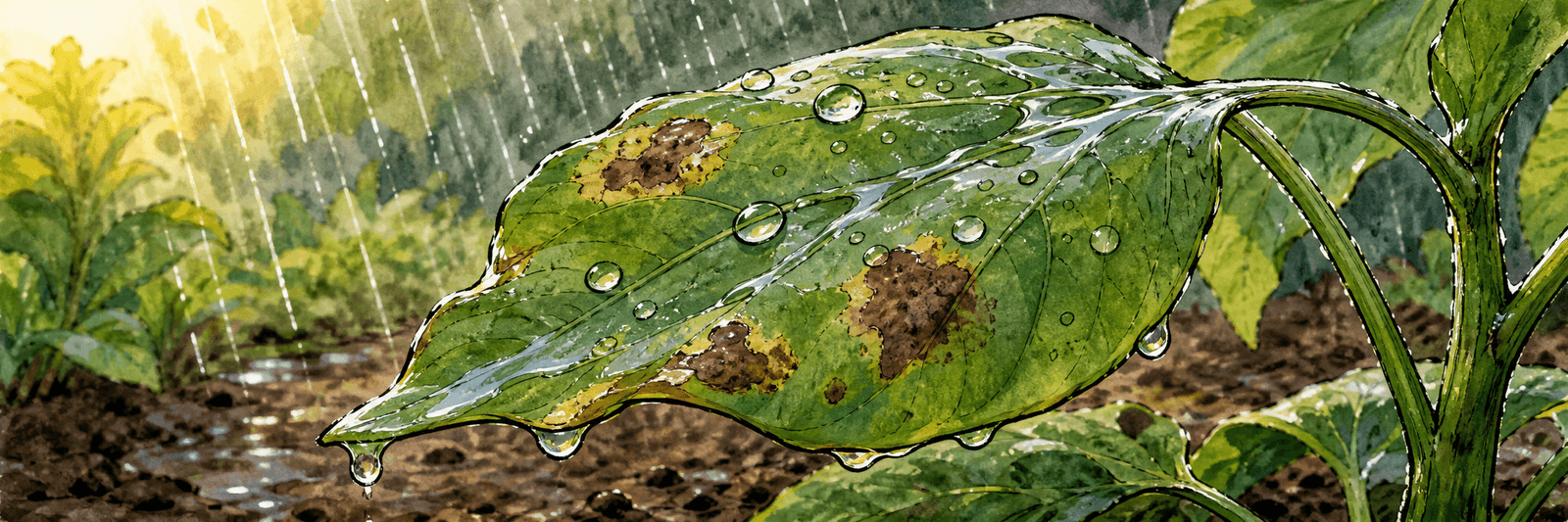Blatt im Regen mit Wasserfilm und Tropfen auf der Oberfläche — der Eipilz braucht zwingend Nässe