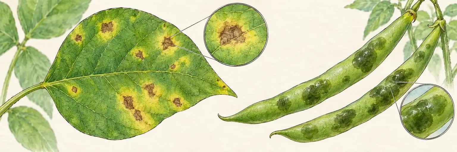 Illustration eines Bohnenblatts mit kleinen braunen Flecken und hellgelben Höfen sowie grüner Hülsen mit glasigen dunkelgrünen Stellen